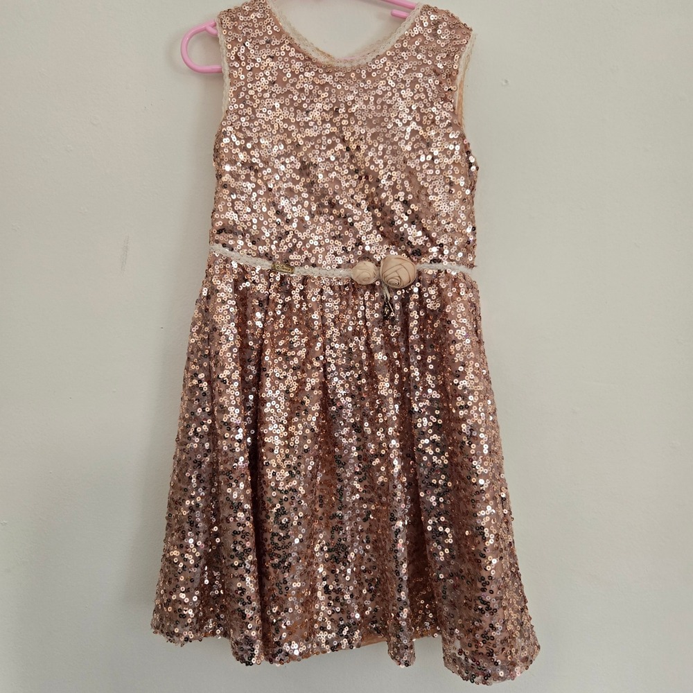 Disney Kids Rose Gold Sequin‎ Party Dress Rosette Accent Size 7-8 Years
